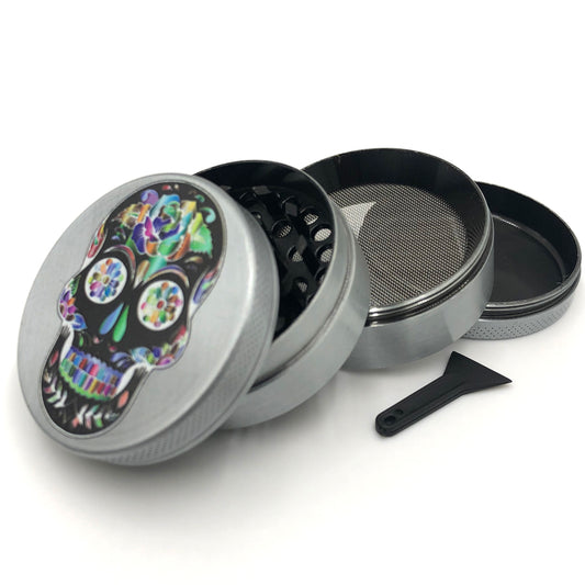 Cannabis Dry Herb Silver Trippy Skull 4 Stage Grinder Crusher
