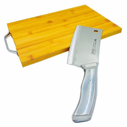 Bamboo Chopping Board & Stainless-Steel Chopper / Cleaver 28x38cm