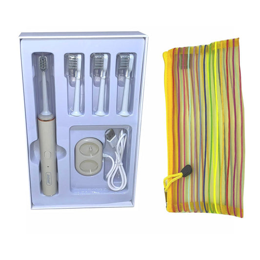 Rechargeable Sonic Toothbrush With 4 Brush Heads & An Elegant Zipped Casing - Cream
