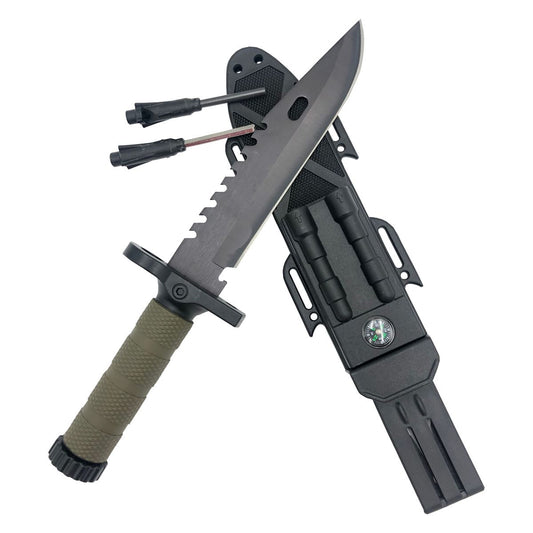 Survival Hunting Camping Knife With Flint, Sharpener And Compass