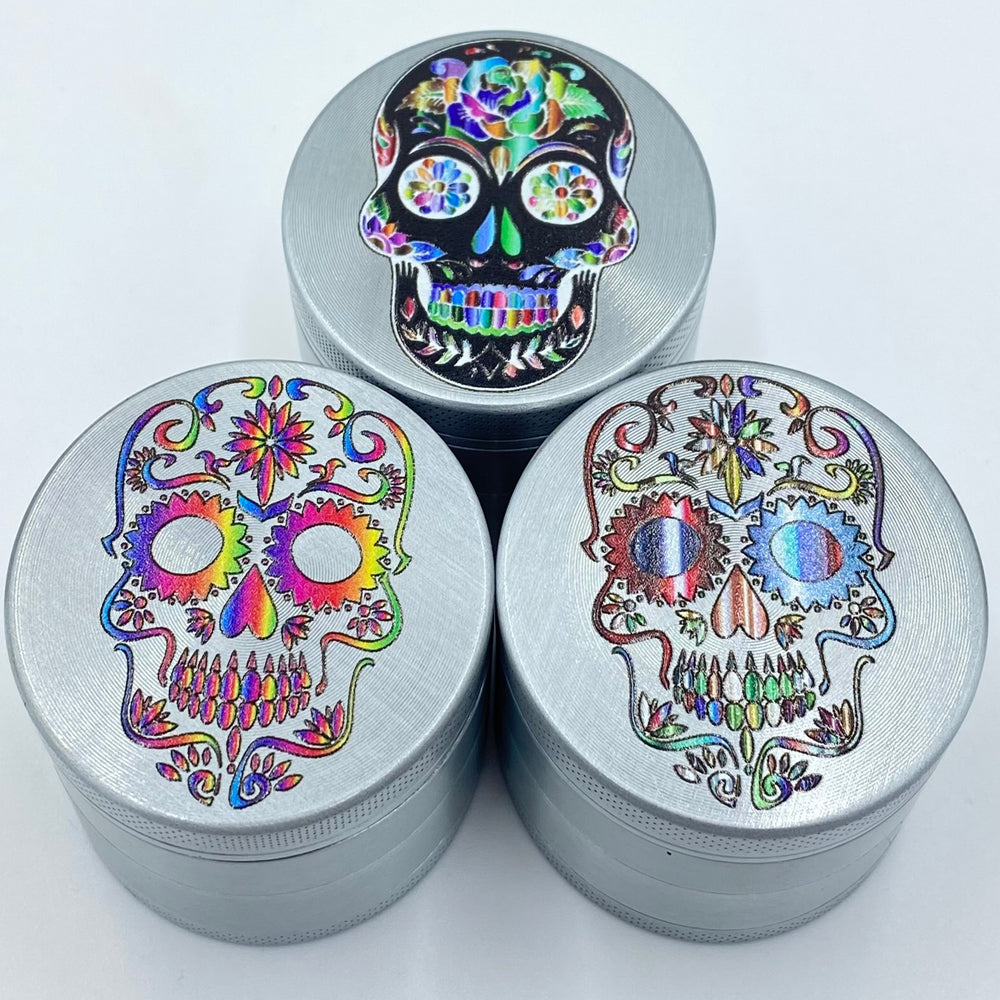 Cannabis Dry Herb Silver Trippy Skull 4 Stage Grinder Crusher