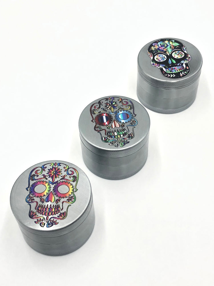 Cannabis Dry Herb Silver Trippy Skull 4 Stage Grinder Crusher