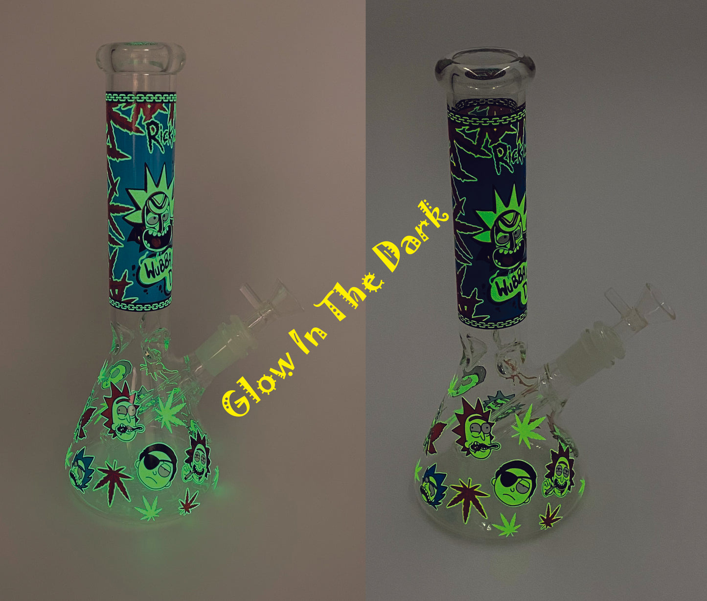 Dab Rick & Morty Glow In The Dark Glass Ice Beaker Bong Water Pipe - 10 Inch