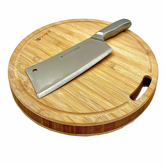 Heavy Duty 40x3cm Bamboo Chopping Board & Stainless-Steel Chopper / Cleaver