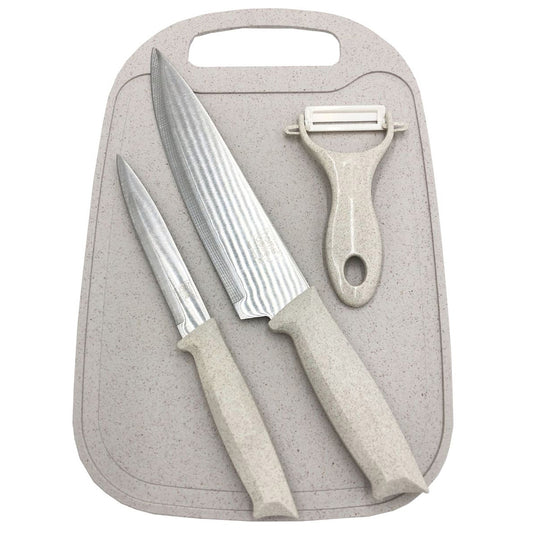 High Quality 4 Piece Kitchen Set With 2 Knives Peeler & Cutting Board - Stoned Grey