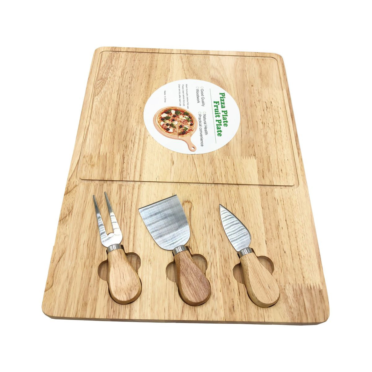 Rectangular Wooden Pizza Serving Board With 3 Mini Utensils