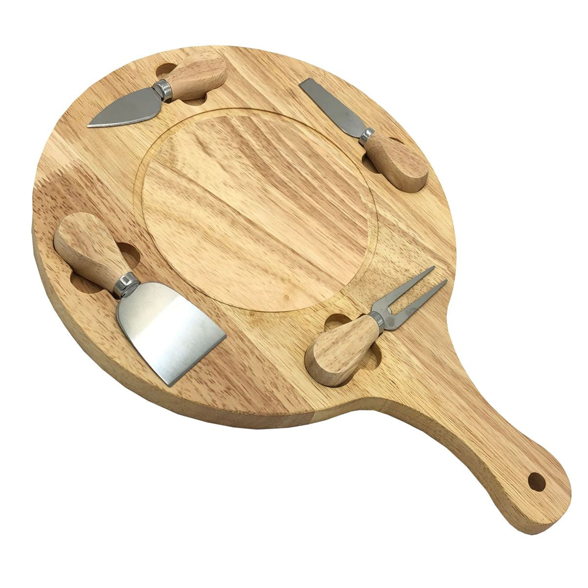 Round Wooden Pizza Serving Board & 4 Mini Utensils