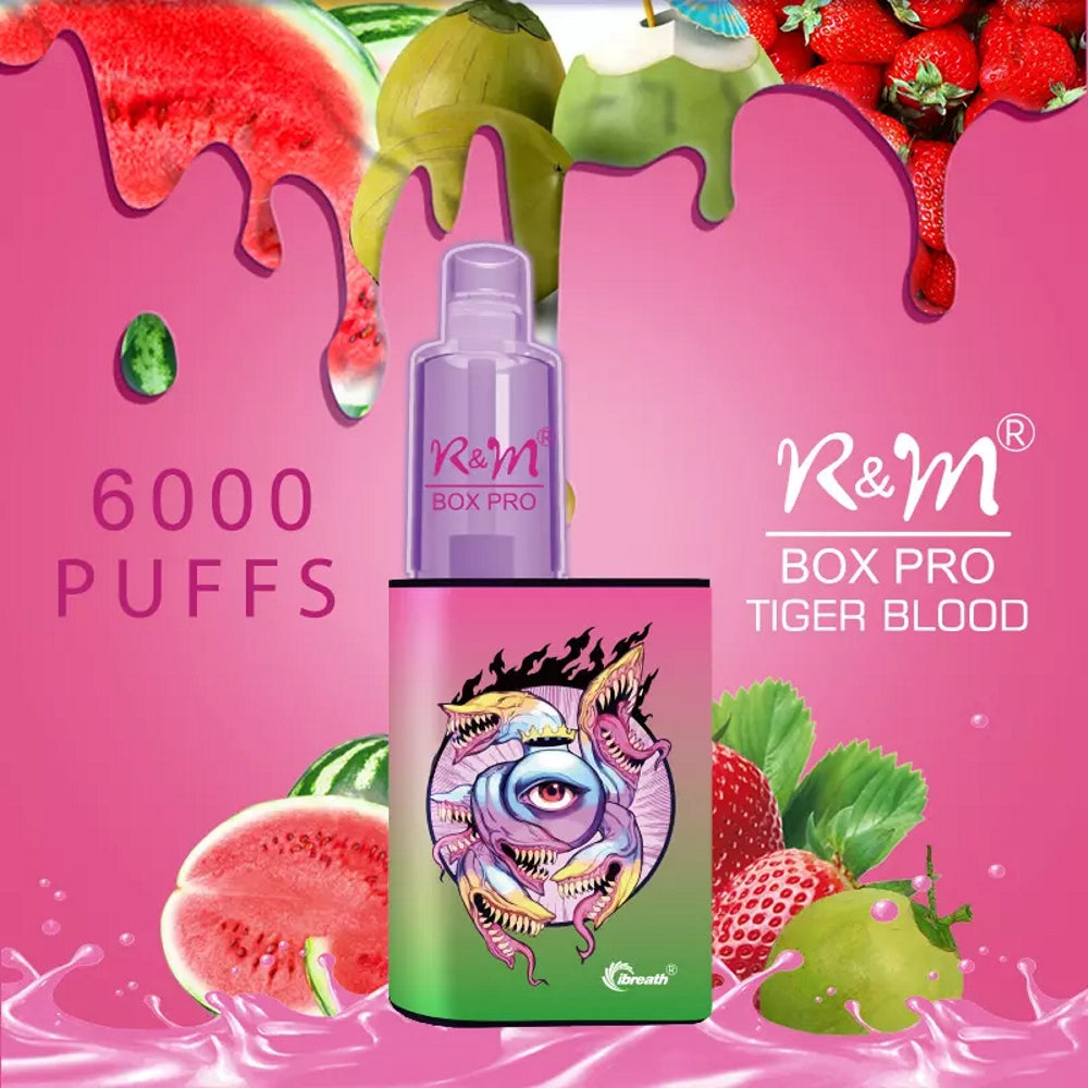 R&M Box Pro 6000 Puffs Rechargeable Disposable 5% Salt Nic Vape 10ml E-Liquid - Tiger Blood