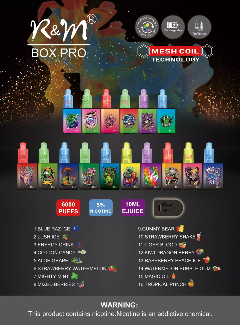 R&M Box Pro 6000 Puffs Rechargeable Disposable 5% Salt Nic Vape 10ml E-Liquid - Tiger Blood