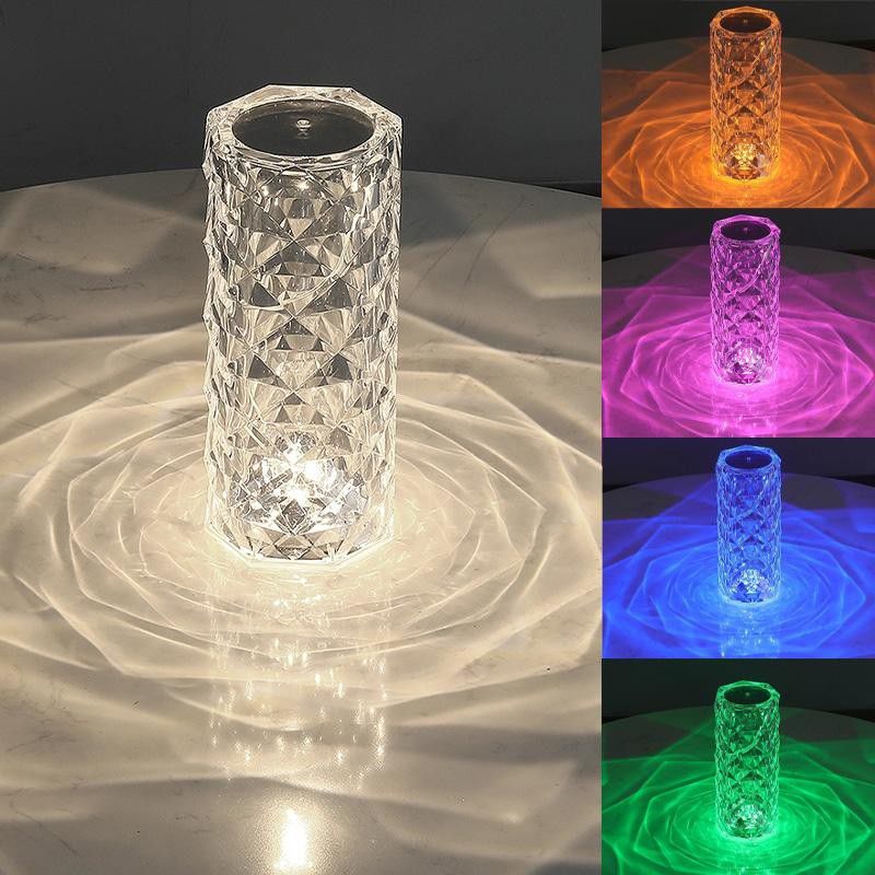 Cylinder Shaped Rose Acrylic Crystal Look 16 Colour Changing LED Desk Lamp